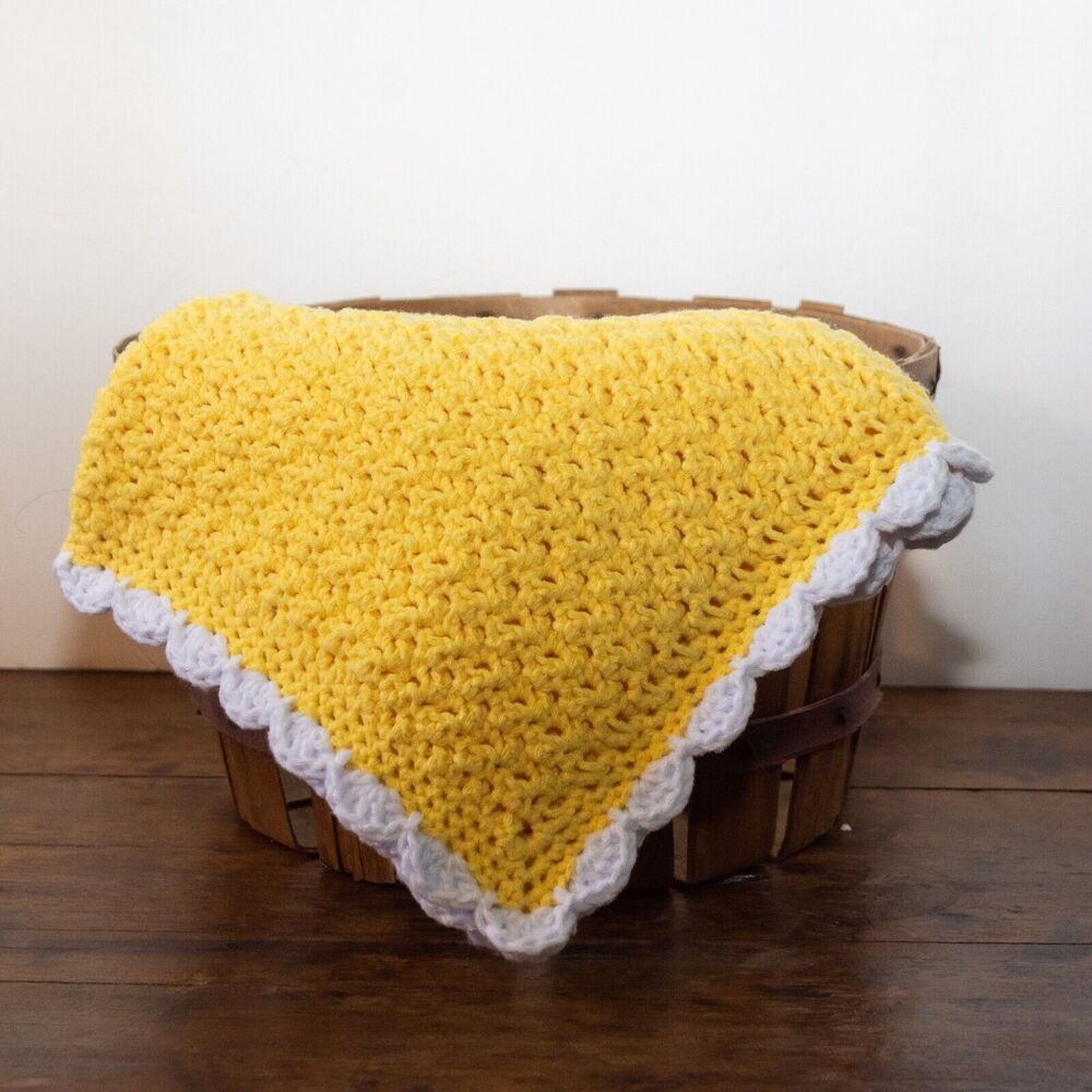 Handmade Crochet Baby Security Blanket Lovey Yellow White Feels Like Butta 18x18